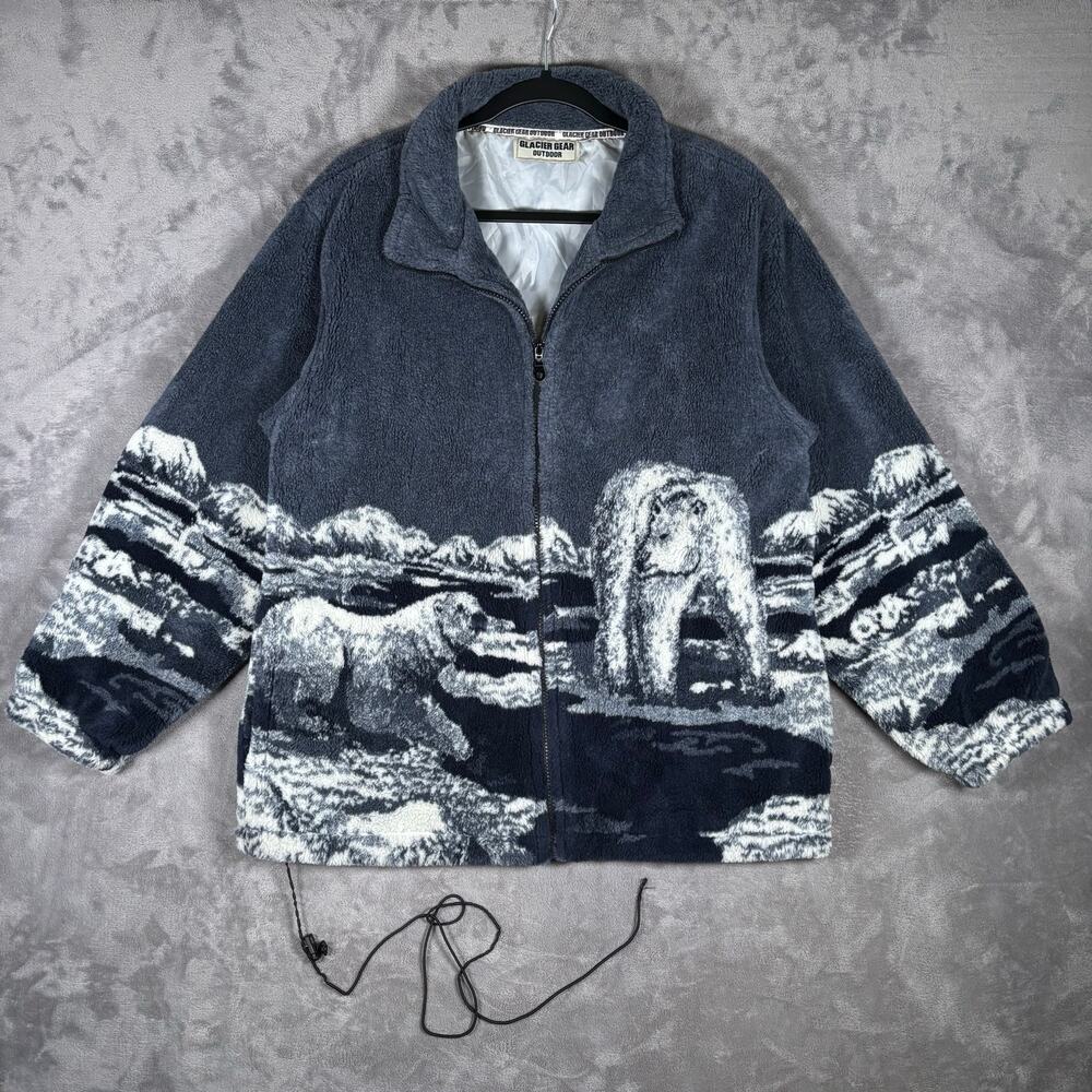 Vintage Glacier Gear Polar Bear Landscape Blue Fleece Jacket Men’s Size M